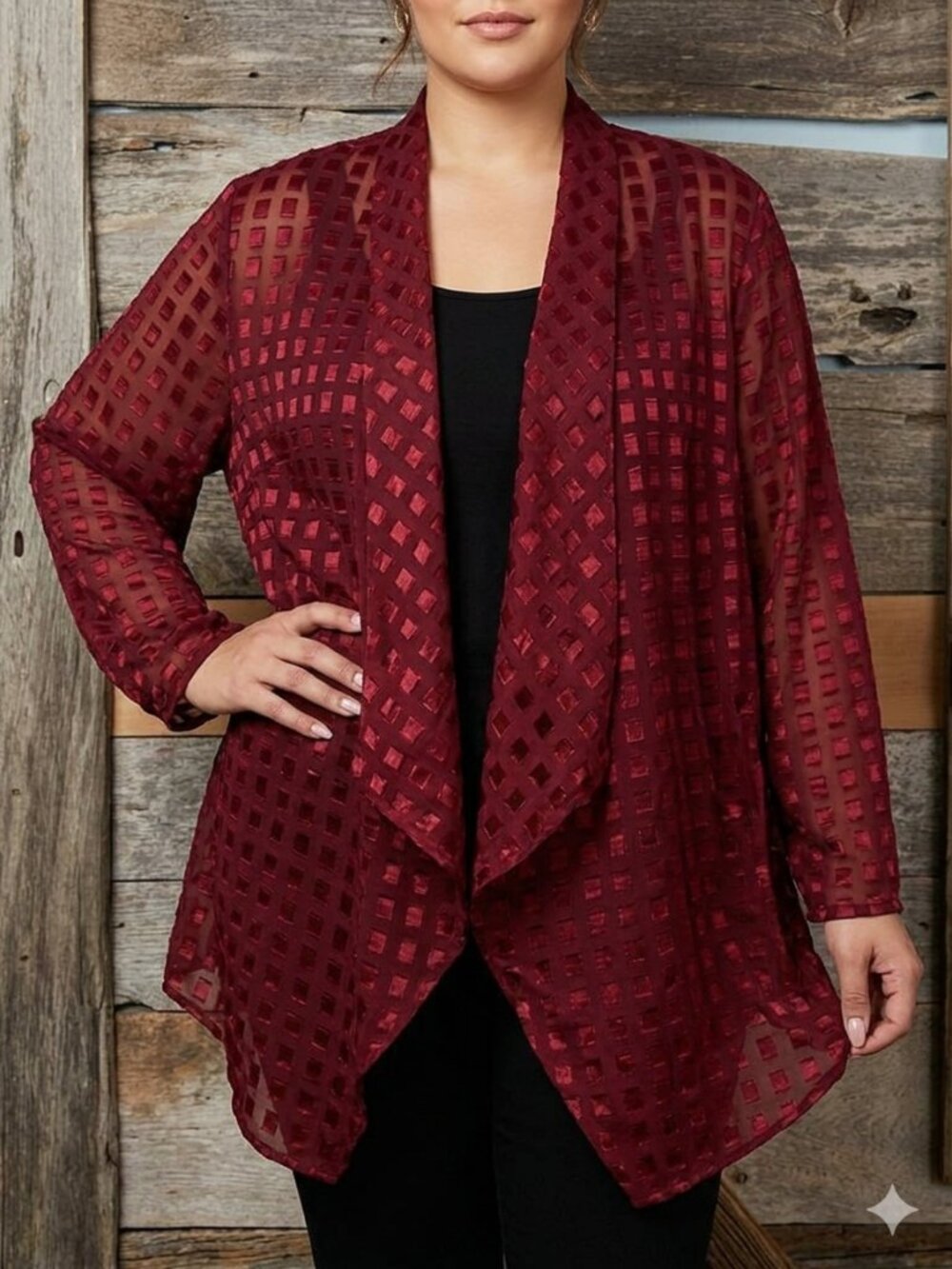 VINTAGE Image Size 1X Burgundy Velvet Burnout Semi-Sheer Cover-up